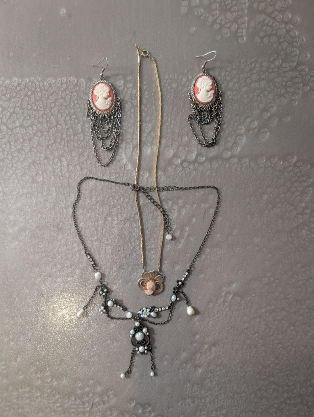 Set Of 3: Pink Cameo Pendant Necklace, Faux Pearl Necklace And Cameo Earrings